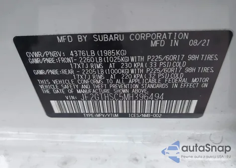 2021 Subaru Crosstrek Sport z USA, uszkodzony, nr VIN JF2GTHSC5MH396494